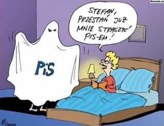 "Stefan! Will ya stop frightening me with this PiS already?" - A Polish political cartoon.