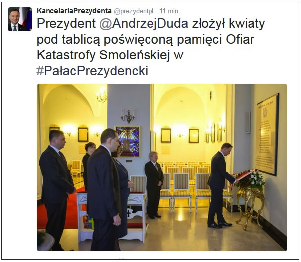 President of Poland laid flowers under the plaque commemorating Smolensk crash victims.